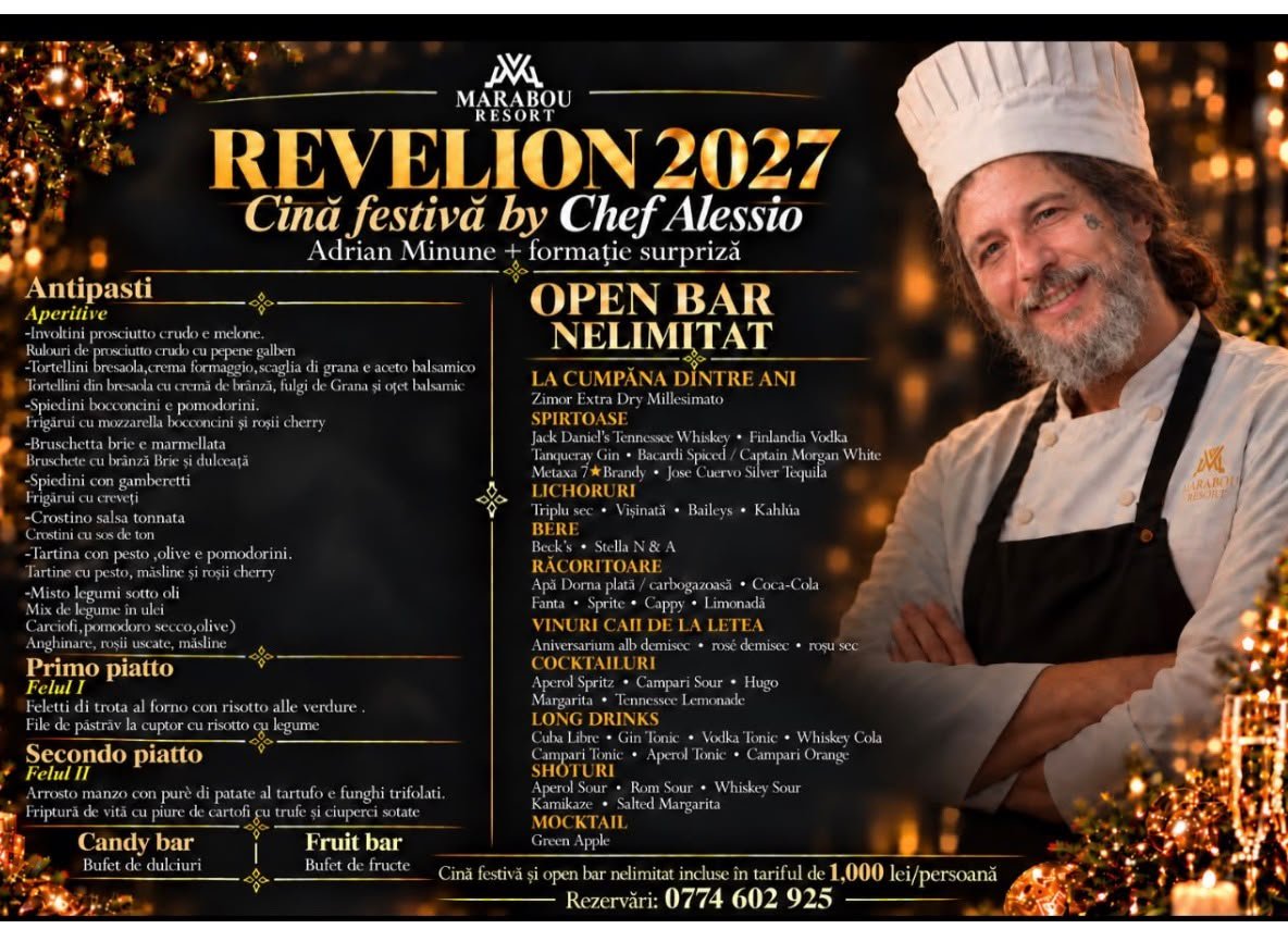Meniul cinei festive de Chef Alessio și selecția open bar pentru Revelion 2027