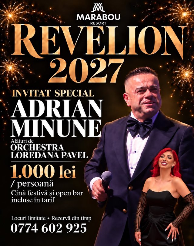 Afiș Revelion 2027 la Marabou cu Adrian Minune și Orchestra Loredana Pavel